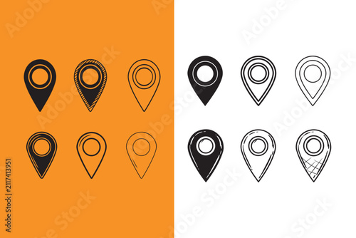 Set of map pin icons in different styles and colors on white and orange backgrounds