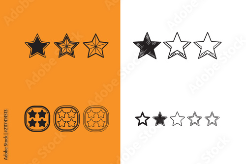 Star rating icons in various styles and colors on white and orange background
