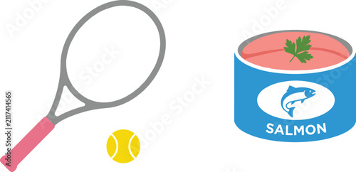 Sports and Food Vector Set Featuring Grey Tennis Racket with Pink Grip, Yellow Ball, and Opened Canned Salmon with Parsley Garnish
