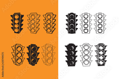 Traffic lights in different styles and colors on various backgrounds