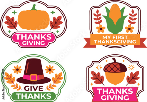 My First Thanksgiving and Give Thanks colorful badge vector set. Framed holiday emblems featuring orange pumpkin, sweet corn cob, dark pilgrim hat, acorn, yellow sunflowers, and vibrant ribbons png