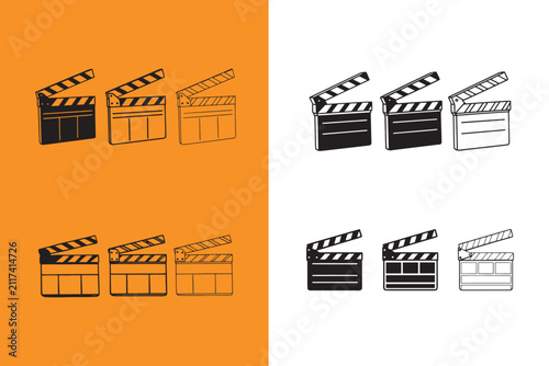 Various movie clapper boards in different colors and styles are shown