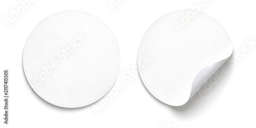 White round adhesive stickers, blank circular paper labels with curled edge, realistic matte decal mockups for branding and packaging isolated on White Background ai
