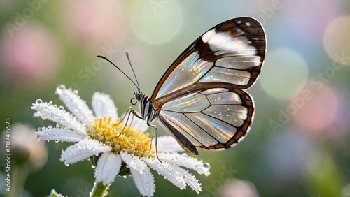 Glasswing Butterfly Resting on a Delicate White Daisy Flower.