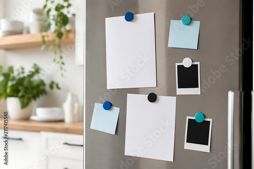 Modern refrigerator door with blank paper notes and magnets, stainless steel fridge mockup with empty reminders, kitchen interior with message board isolated on White Background ai