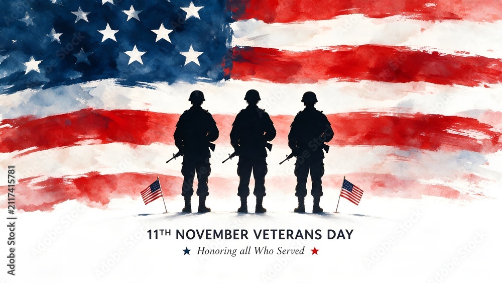 Obraz premium Silhouetted soldiers standing in formation before a painted watercolor American flag to honor national heroes on Veterans Day with somber patriotic reverence and respectful artistic style