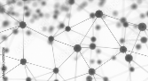 Abstract network of dark dots connected by thin lines on a halftone light background, technology concept, science illustration.
