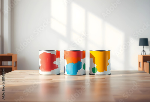 Three colorful paint cans o...