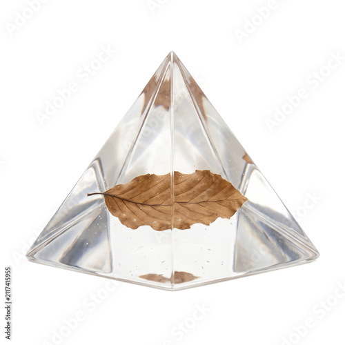 Pyramid shaped clear resin paperweight holding a brown autumn beech leaf with transparent optical refraction, isolated on transparent background