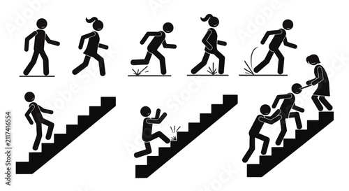 Vector stick figure icon set showing walking, running, tripping, and climbing stairs. Includes sequences of falling on steps and people helping each other ascend on a white background.