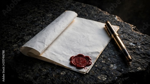 Antique Scroll with Wax Seal and Quill Pen on Dark Stone Surface.