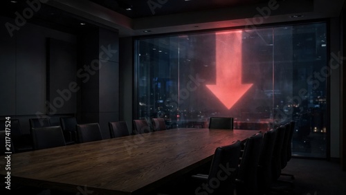 Red Downward Arrow Symbolizing Financial Crisis in Modern Boardroom.
