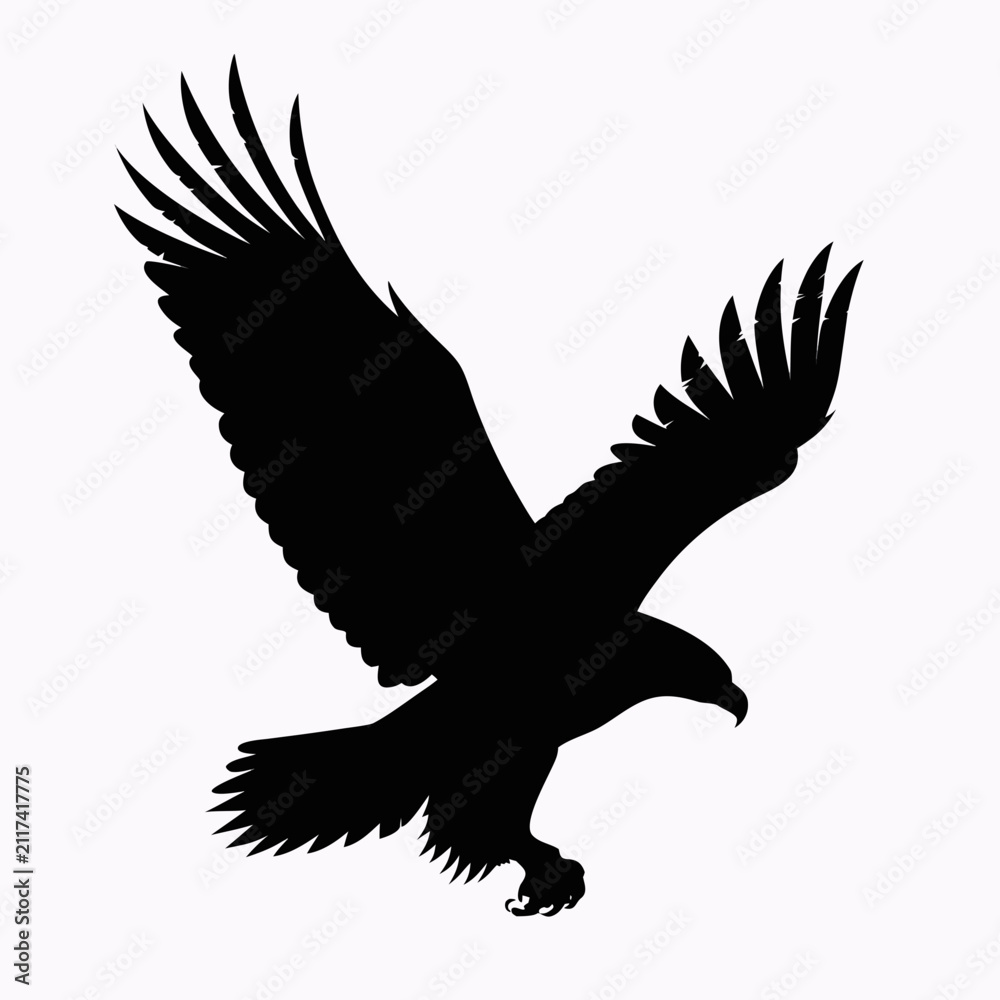 Fototapeta premium Majestic eagle silhouette in flight, black bird of prey vector icon, soaring hawk landing profile, predatory wildlife mascot for logo design