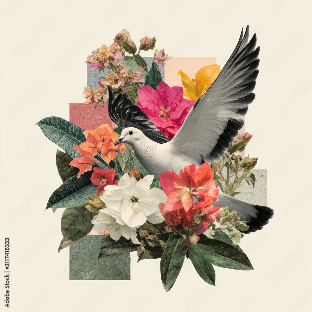 Obraz premium Dove amidst vibrant floral collage.