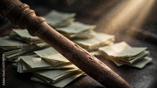 Antique Wooden Rolling Pin Resting on Stack of Parchment Papers in Dramatic Light.