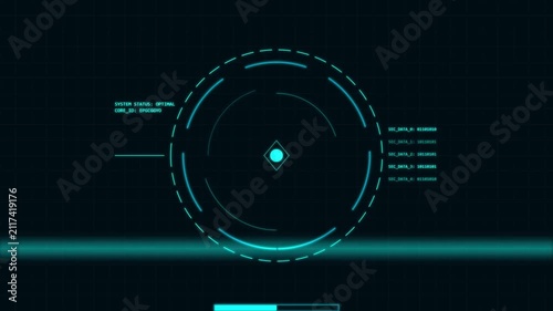 Futuristic circular heads-up display HUD interface with glowing cyan elements, data readouts, and digital radar targeting system on a dark background