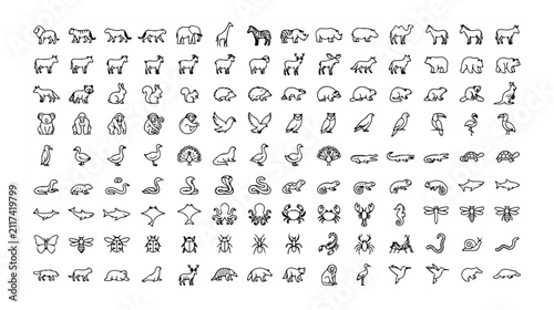 Canvas Print Minimalist animal line icons set, 120 black outline wildlife symbols, modern zoo