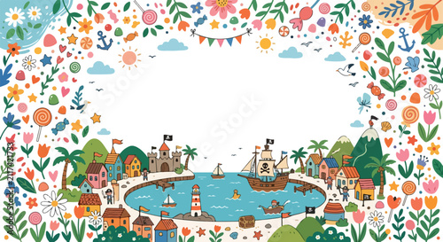 Canvas Print A charming vector scene shows a pirate village bay with a ship and castle, framed by a colorful border of flowers, candy, and sea icons
