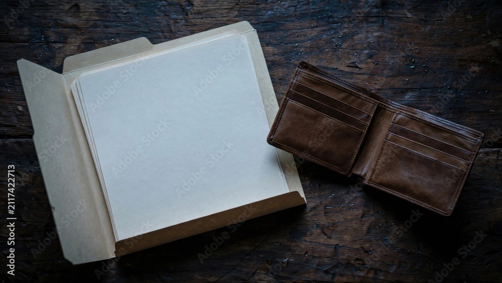 Fototapeta premium Empty Wallet and Open Folder on Dark Wooden Table.