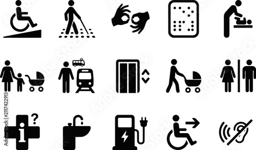 Set of black icons representing inclusivity and accessibility vector for public signage and universal design communication standards