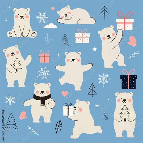 Cute Winter Polar Bears and Christmas Presents: Vector Clipart Collection on Blue Background