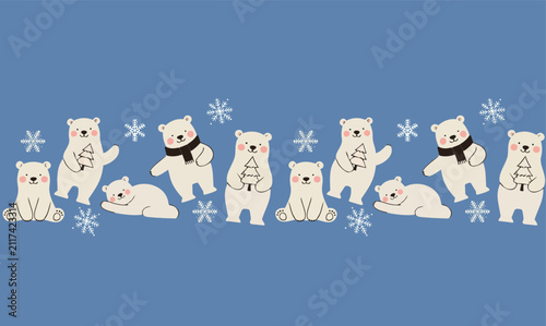 Cute Winter Polar Bear Seamless Patterns Set: Christmas Background Collection with White Bears and Gifts