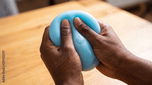 Two hands with dark skin tones squeeze a light blue, amorphous object, appearing to be a stress-relief toy