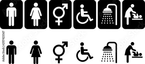 A comprehensive collection of inclusivity and accessibility vector icons for public restroom signage and modern facility wayfinding systems