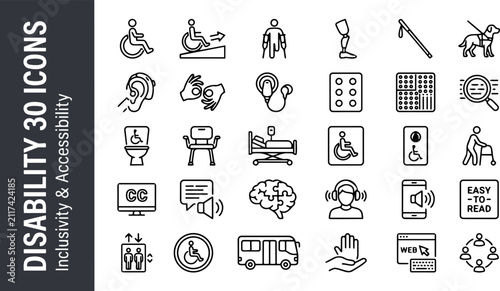 Set of disability icons illustrating inclusivity and accessibility vector design for medical healthcare and social support services
