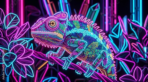 Luminous Neon Light Chameleon Sign with Tropical Leaves Background