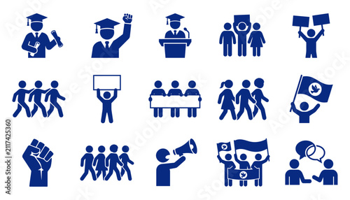 Protest Icons Collection: A compilation of various blue iconographic representations of protest, demonstration, and social movements, including figures holding signs, marching, giving speeches.