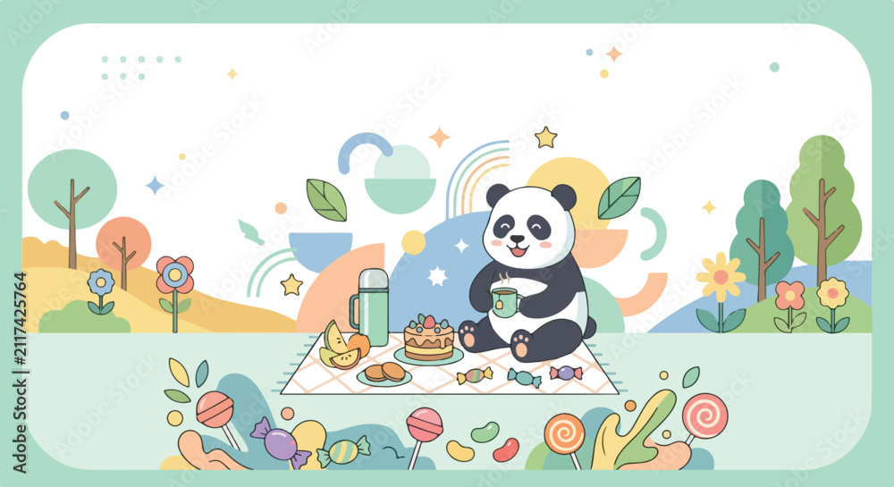 Fototapeta premium A cheerful panda enjoys a whimsical picnic outdoors with tea and treats, surrounded by colorful trees, flowers, and abstract geometric elements.