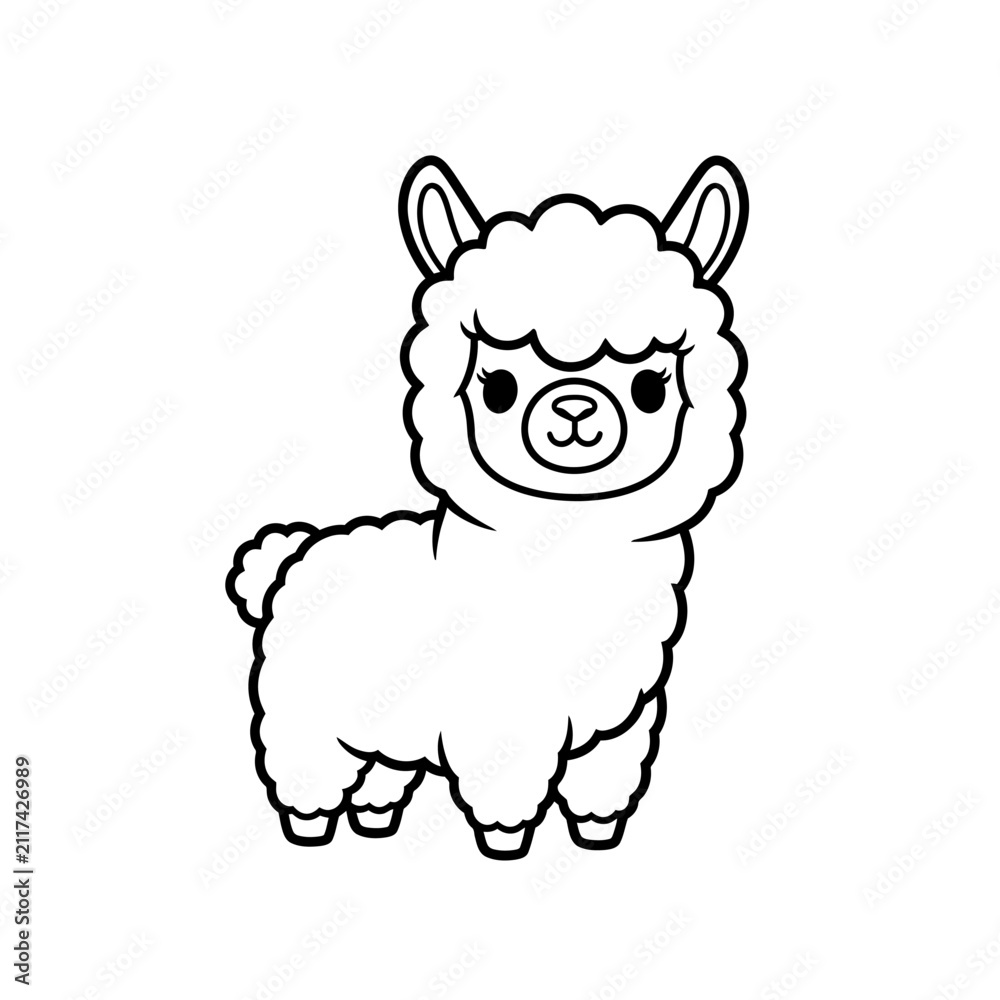 Fototapeta premium Cute Kawaii Alpaca Line Art Illustration - Adorable Cartoon Llama Vector for Coloring and Design