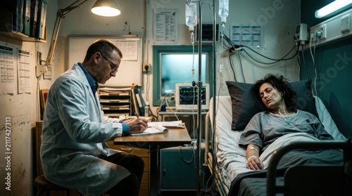 Doctor Attending To Sick Patient In Hospital Room