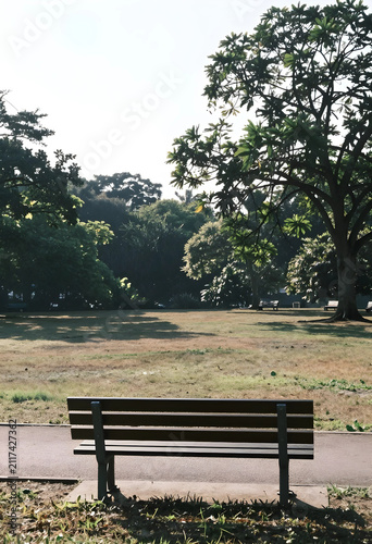 Empty wooden park bench on ...