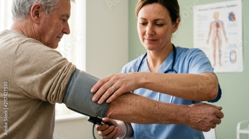 Doctor Checking Blood Pressure Of Senior Man In Clinic