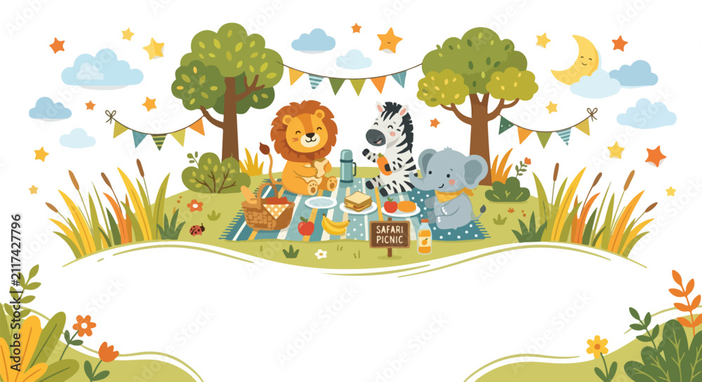 Naklejka premium A cute cartoon illustration features a lion, zebra, and elephant enjoying a sunny picnic in a meadow decorated with festive banners and stars.