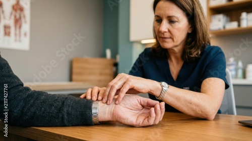 Doctor Checking Patient Pulse In Clinic Examination Room