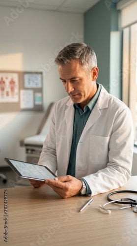 Doctor Concentrating On Tablet In Modern Examination Room