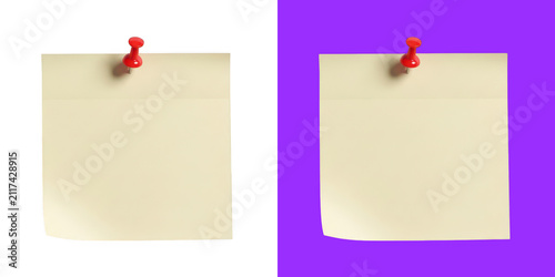 Square yellow sticky note with a red push pin attached on a clean and simple background transparent png