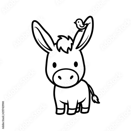 Cute cartoon donkey with a small bird on its ear, simple line art illustration, black and white, isolated on white background.