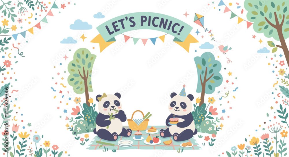 Fototapeta premium A charming vector illustration features two adorable pandas enjoying a festive picnic outdoors, surrounded by colorful flowers and party decorations.