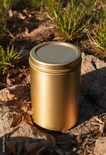 Golden cylindrical tin cont...