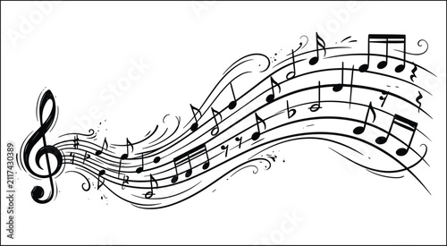 Bild auf Leinwand Musical staff with treble clef and flying notes wave flourish for classical symp