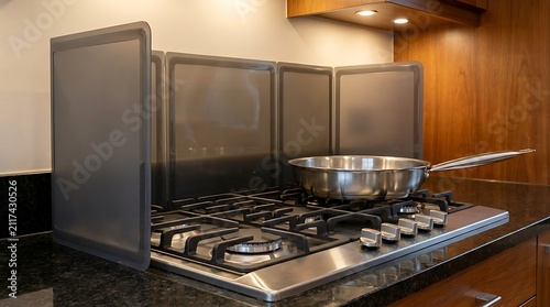 Metal frying pan on a modern gas stove with a foldable grease splash guard in a home kitchen. silicone kitchen guard