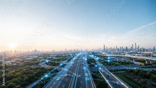 mart Highway with Connected IoT Network and Intelligent Urban Mobility Infrastructure at Sunrise