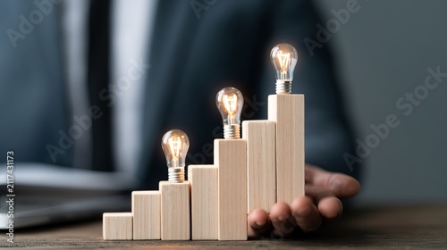 A hand delicately placing a glowing lightbulb atop a meticulously stacked wooden growth pyramid symbolizing progressive business success and innovation on a sleek wooden desk