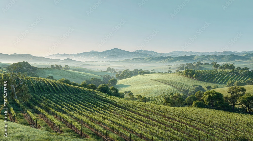 Fototapeta premium Rolling vineyard landscape with lush grapevines and misty hills under soft morning sunlight panorama