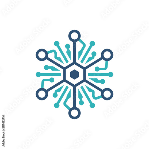 Blue hexagonal circuit board network node icon.