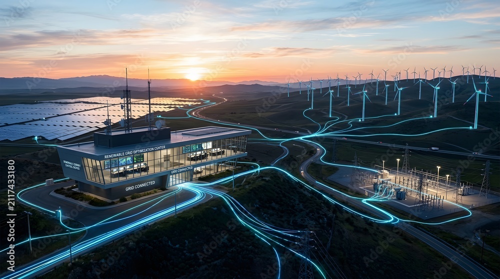 Obraz premium Smart energy grid with control center, solar panels, wind turbines, and substation at sunset